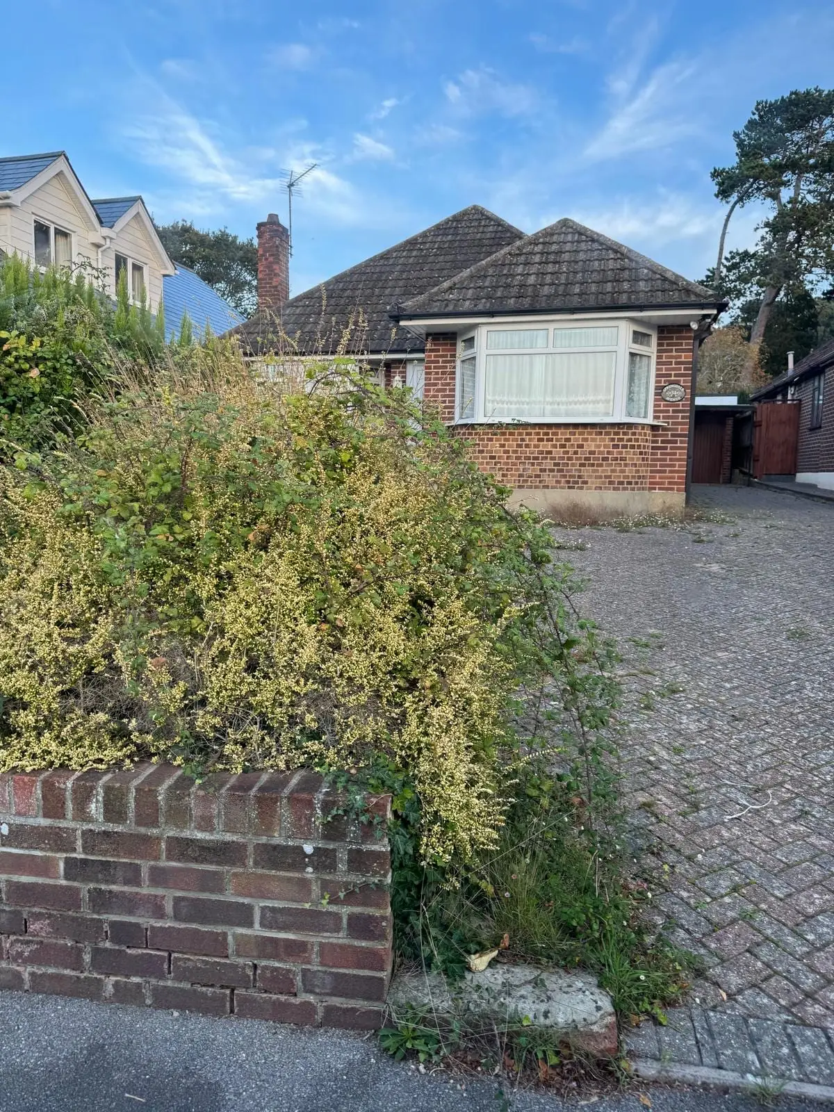 The original brick bungalow behind an overgrown shrub, with a hipped tile roof and a bay window