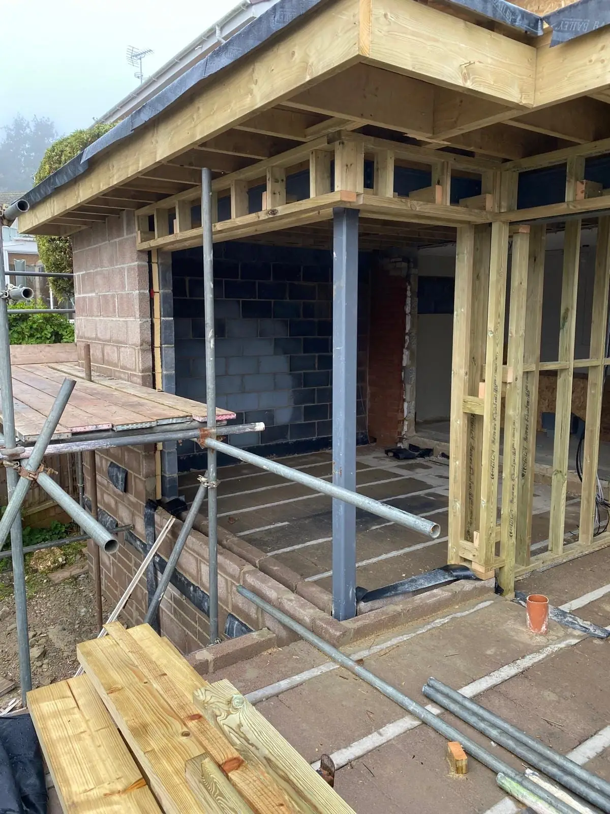 The extension shell: a timber flat roof with a deep overhang carried on steel posts